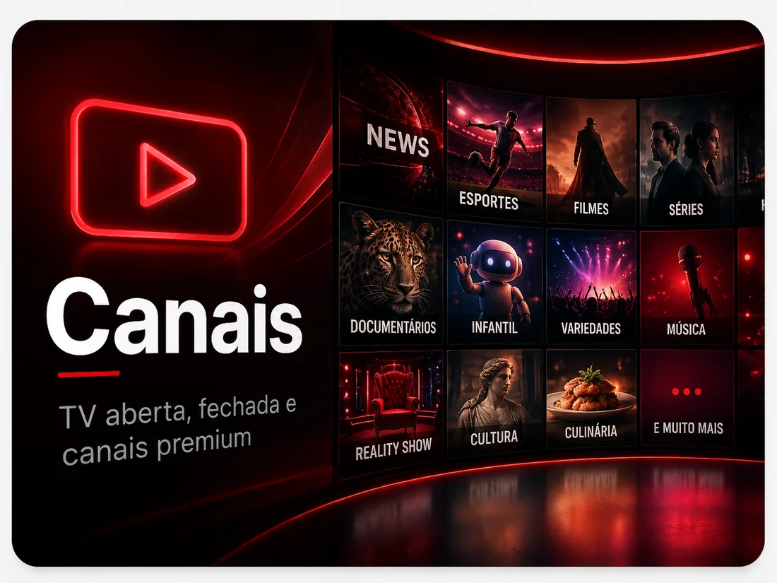 Card visual de canais ao vivo e categorias de conteúdo